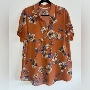 Soft Surroundings Burnt Orange Floral Short Sleeve Blouse Sz L